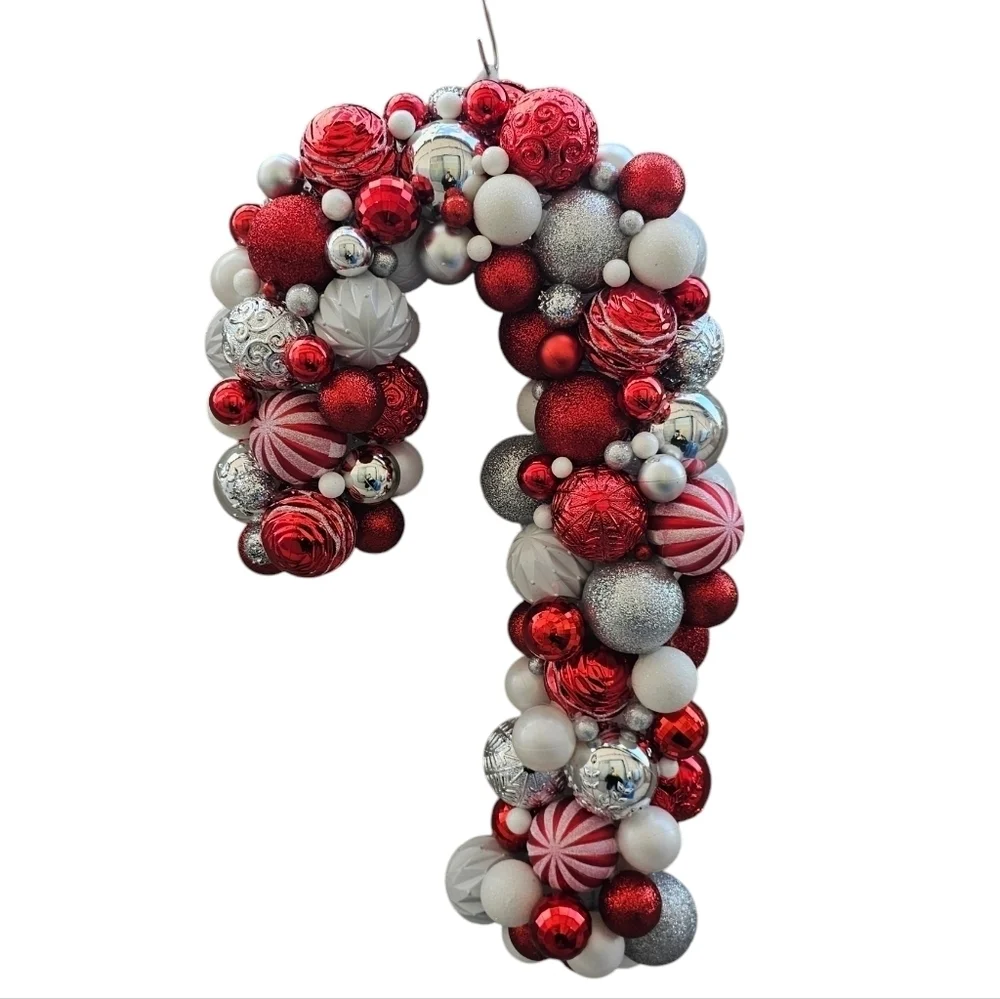 Handmade Christmas Ornament Candy Cane Wreath. Red and white holiday decor